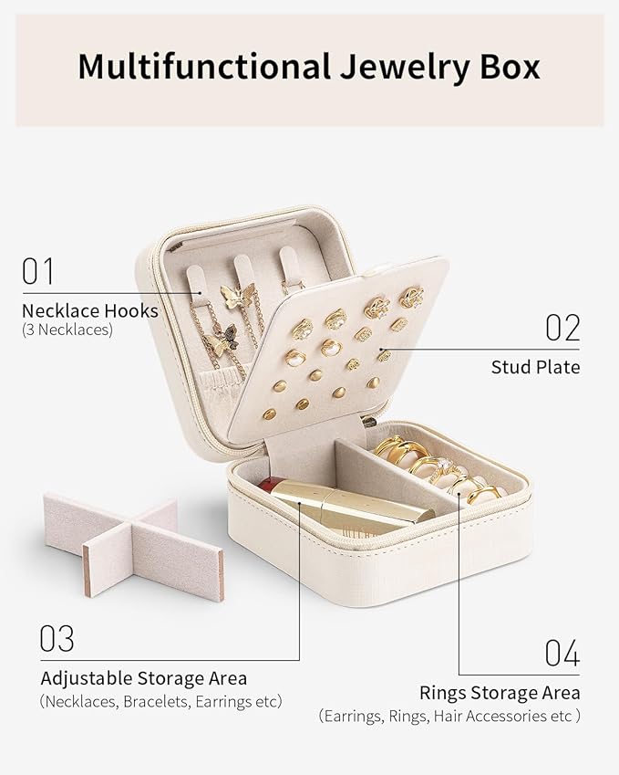 VLANDO Mothers Day Mom Gifts - Travel Jewelry Case, Small Travel Jewelry Organizer Box for Girls Women - White - Image 4