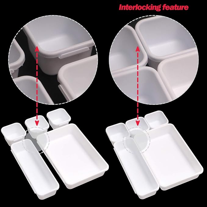 TENABORT 42 Pack Interlocking Desk Drawer Organizer Tray Dividers Plastic Shallow Narrow Drawers Organizers Separators Storage Bins Container for Kitchen Bathroom Makeup Office Vanity Dresser White - Image 4