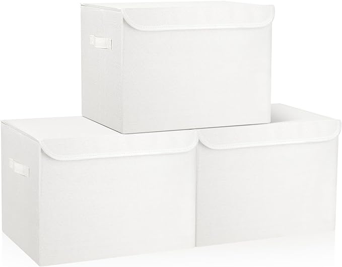 Bagnizer Large 17" 42 Quarts Collapsible Stackable Storage Bins with Lids [3-Pack] Foldable Fabric Linen Storage Boxes Cube, Closet Organizer Baskets with Label (16.7 x 12 x 12, White) by Bagnizer