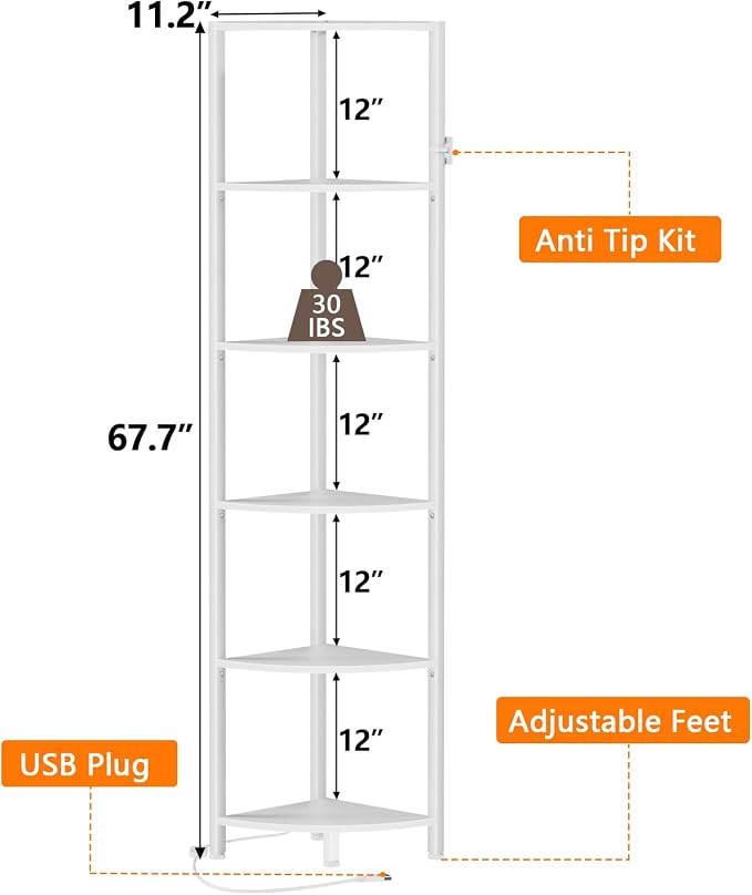 Furnulem 6 Tier Corner Shelf with LED Light, 67.5” Tall Standing Shelf Organizer, White Narrow Bookshelf with Storage Rack for Wall Corner, Living Room, Bedroom, Metal Frame, Wood Display Shelf - Image 2