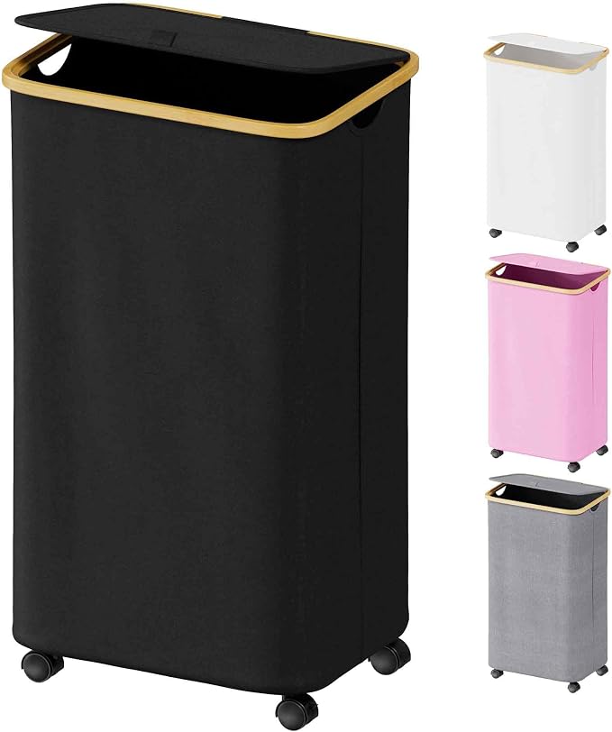 SUOCO Laundry Hamper on Wheels 100L, Clothes Basket with Lid and Bamboo Handles, Foldable Laundry Hamper for Bedroom, Bathroom, Dorm, Laundry Room - Black by SUOCO