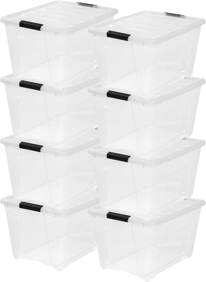 IRIS USA 54 Qt Stackable Plastic Storage Bins with Lids, 8 Pack - BPA-Free, Made in USA - See-Through Organizing Solution, Latches, Durable Nestable Containers, Secure Pull Handle - Clear by IRISUSA