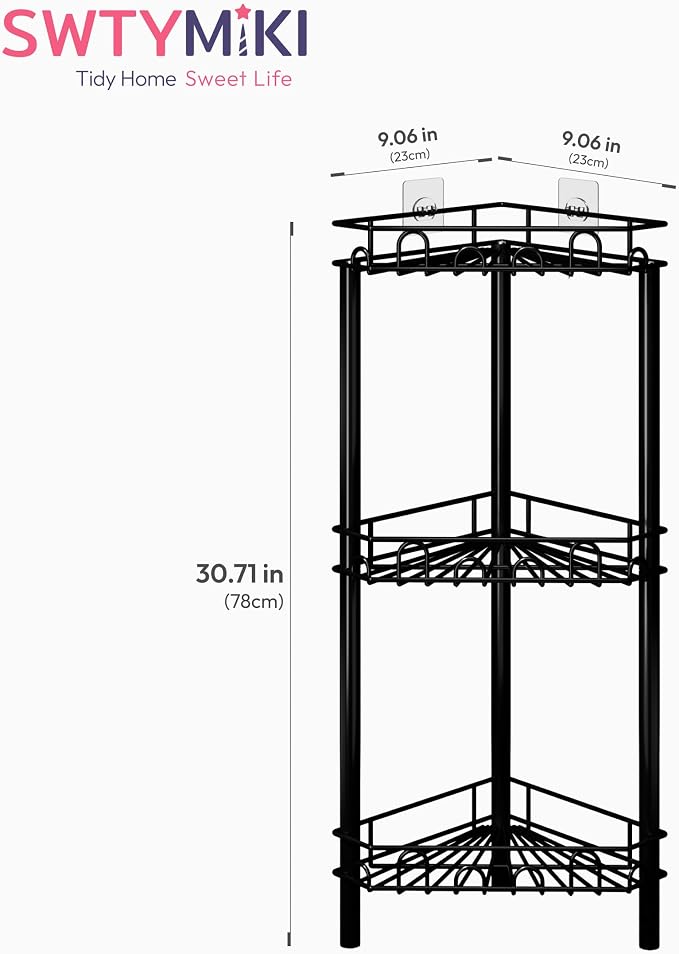 SWTYMIKI Standing Shower Caddy Corner - 3‑Tier Stainless Steel Shower Organizer Shelf with 12 Hooks and Adhesive Pads, Rustproof Corner Shelves Stand Rack for Bathroom Shower Room, Black - Image 7