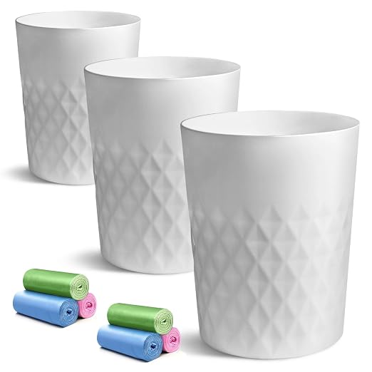 YGJT Small Trash Can, 3 Pack 1.8 Gallons Bathroom Trash Can, Slim Waste Basket, Round Garbage Can, Plastic Trash Bin for Kitchen, Dorm, Bedroom, Office, Living Room, Study, Compact Spaces(White W) by YGJT