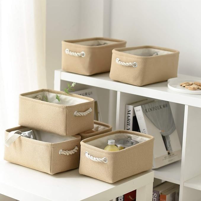 TheWarmHome Storage Basket for Organizing - Small 6 Pack 11.8x7.8x5.2 inch Fabric Storage Cubes with Cotton Rope Handle, Collapsible Storage Bins Baby Storage Toy Nursery (Beige) - Image 6