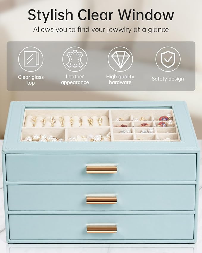 AKOZLIN Jewelry Box with Clear Lid Functional Leather Jewelry Storage Organizer Case 3 Drawers for Women Girls Necklace Ring Bracelet Earring - Image 7