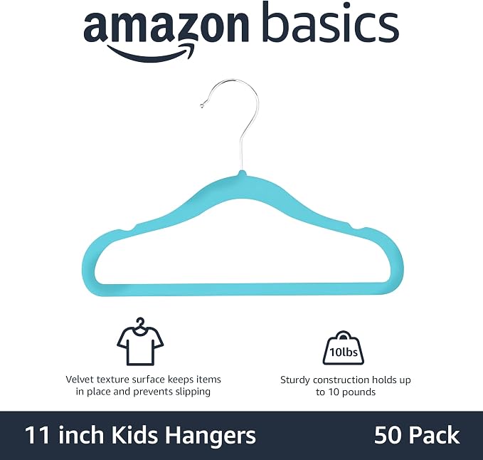 Amazon Basics Kids Space Saving Velvet Non-Slip Clothes Hangers with Shoulder Notches for Infant and Toddler, 11.6", Blue, 50-Pack - Image 2