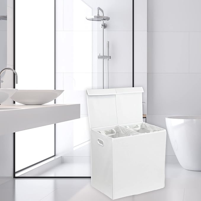 Simple Houseware Double Laundry Hamper with Lid and Removable Bags, White - Image 2