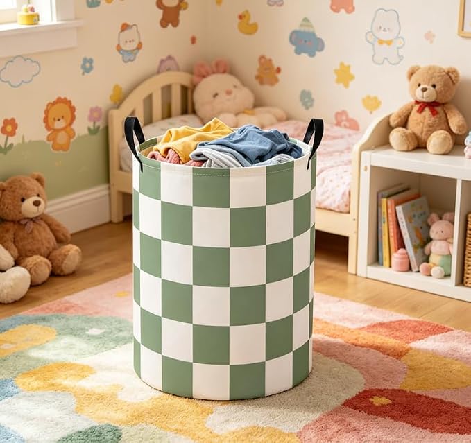 Baby Laundry Basket Baby Nursery Hamper Kids Laundry Basket Toy Storage Bin for Boys Room Decor Gift Baskets for Bedroom Bathroom(Green Checkered) - Image 6
