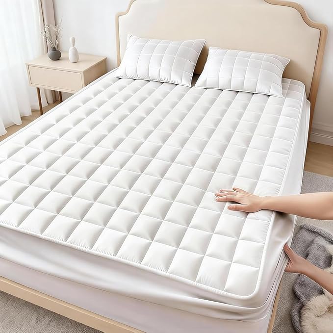 Waterproof Quilted Mattress Protector, Gray, Deep Pocket 9-15 Inches, Cooling Breathable Bed Cover, Hotel Quality (White, Queen)