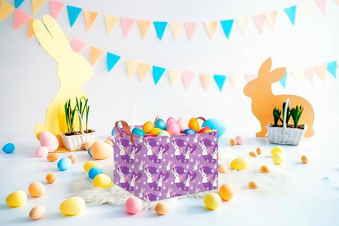 CLOCOR Rectangular Storage Basket Empty,Gift Basket,Waterproof Storage Bin with Handles,Room Decor(Purple Easter) - Image 2