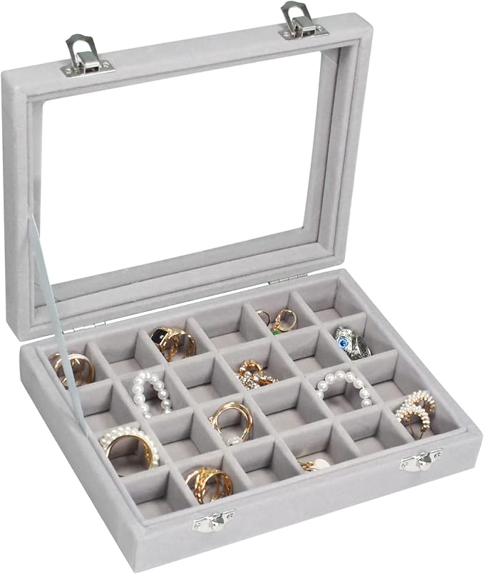 Vicoter Velvet Jewelry Box 24 Grid Jewelry Ring Display Organiser Box Tray Holder Earrings Storage Case for Girls Wife Mom Women (Gray) by Vicoter
