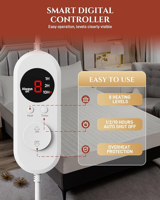 Heated Mattress Pad Twin Size – Electric Bed Warmer with 8 Heat Setting Controller, Heated Mattress Cover, Thick Underblanket Sheet Heater Topper (13 White, 39" x 75")