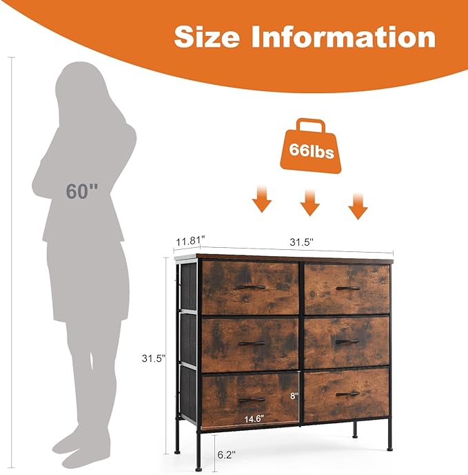 Sweetcrispy Dresser for Bedroom with 6 Storage Drawers, Fabric Storage Tower Organizer, Chest of Drawers with Metal Frame Wooden Top for Closet, Living Room, Entryway, Rust Brown