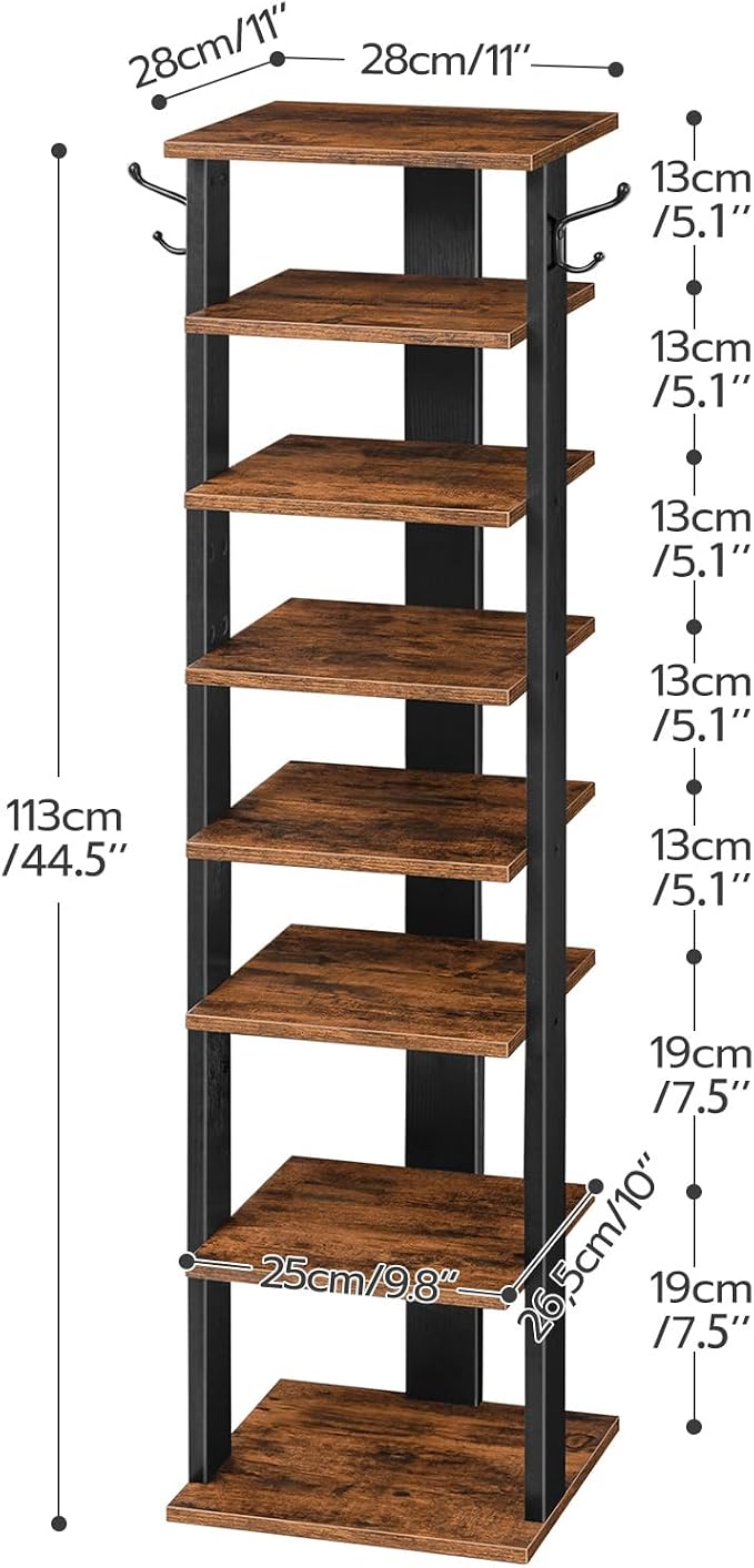 HOOBRO 8 Tiers Vertical Shoe Rack, Wooden Shoe Storage Organizer with Hooks, Narrow Shoe Tower for 8 Pairs, Space Saving, for Entryway, Living Room, Bedroom, Rustic Brown BF07XJ01G1 - Image 6