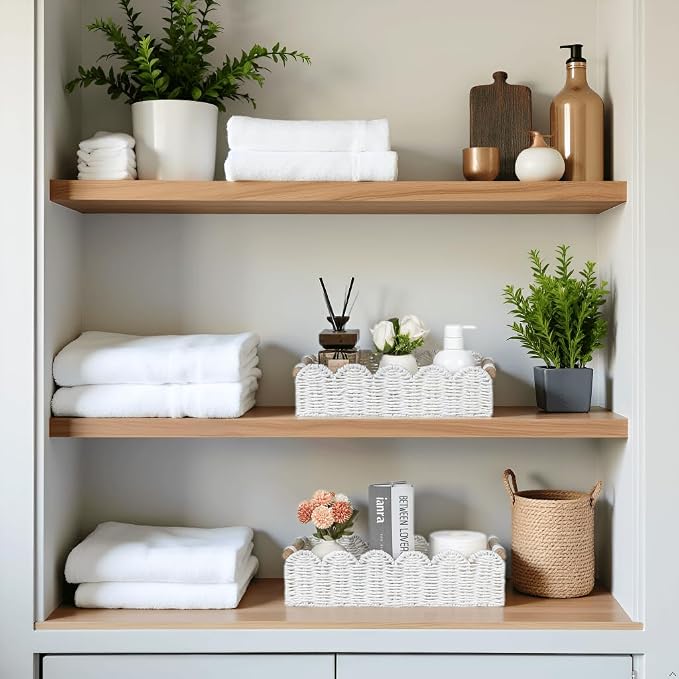 CubesLand Toilet Paper Storage Basket, Scalloped Edge Shelves Basket for Organizing for Over Toilet Tank Storage, Home Decor Baskets for Shelf, Countertop, Living Room, Bedroom, Handwoven, White - Image 6
