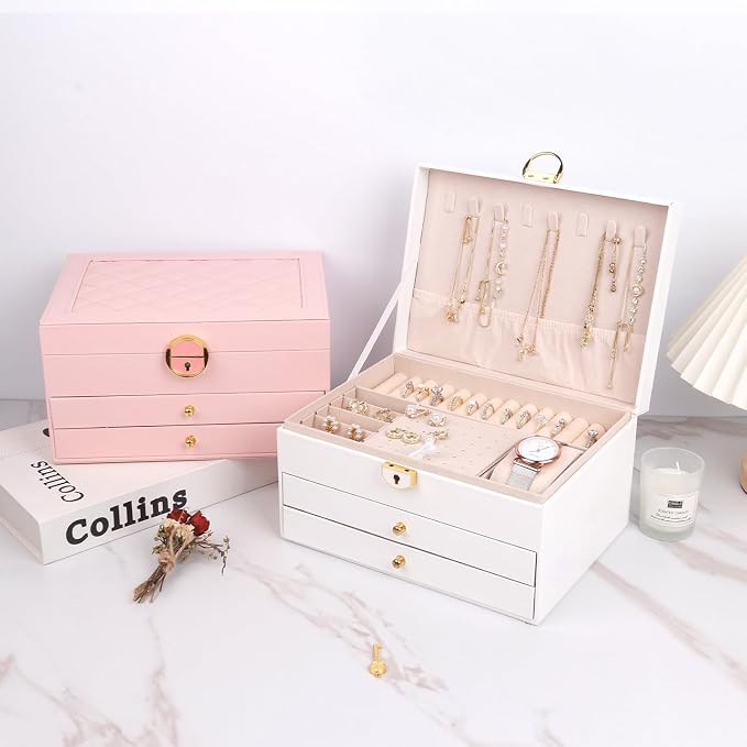 3 Layer Jewelry Box for girls, Lockable Jewelry Organizer for Necklace Earring Ring Bracelet Watch, PU Leather Storage, Pink - Image 8