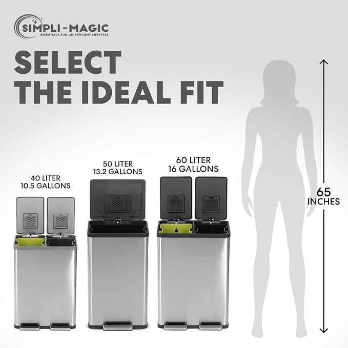 Simpli-Magic 16 Gallon (60L) Step Trash Can – Dual Compartment Kitchen Garbage Can with Waste & Recycling Bins – Slow-Close Lid, Odor Control, Hands-Free, Inner Bases, Premium Stainless Steel - Image 4