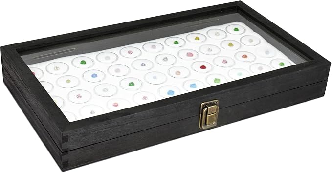 MOOCA Glass Top Black Jewelry Display Case 50 Gem Jars, Ring Box, Jewelry Organizer, Gem jar storage, Glass Display Box, Ring storage White Tray with Gem Jar by Mooca