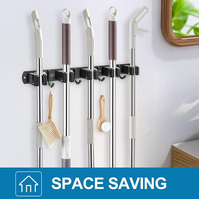 IMILLET 2 Pack Broom and Mop Holder Wall Mounted, Broom Holder Stainless Steel Broom Organizer Heavy Duty Tools Organizer Self Adhesive for Laundry Room Garage Garden（5 Racks and 4 Hooks） - Image 7