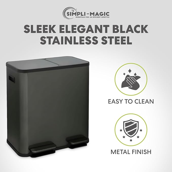 SIMPLI-Magic 18.5 Gallon (70L) Dual Compartment Kitchen Trash Can - Hands-Free Step Pedal, Soft-Close Lid, Stainless Steel Recycling Bin with Odor Filter (40L + 30L), Black - Image 8