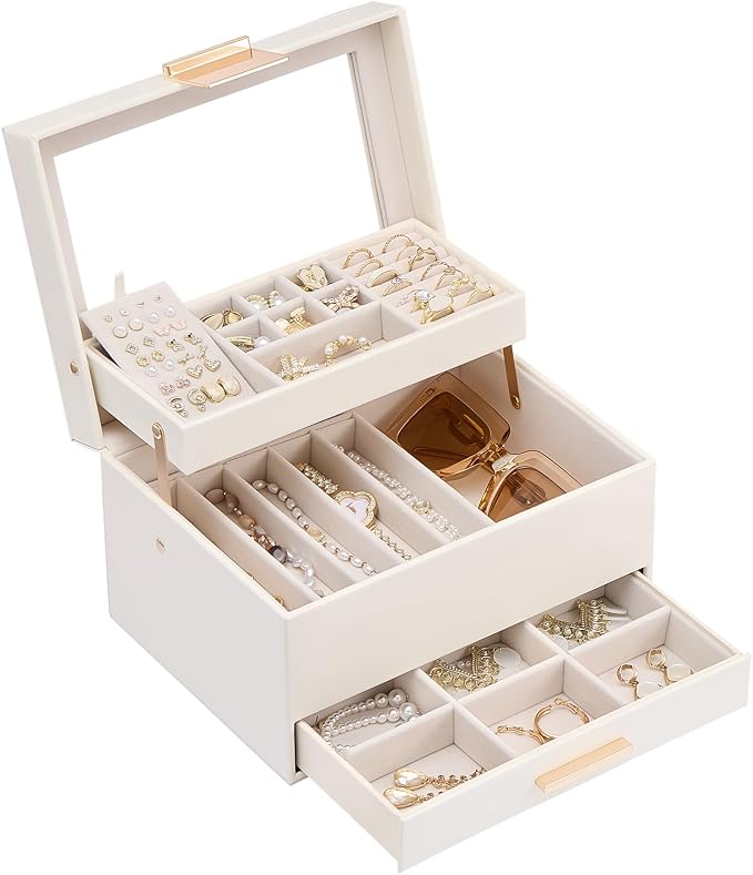 Lolalet Jewelry Box, Clear Window Jewelry Organizer with Drawer for Earrings Bracelets Necklaces Rings, Jewelry Storage for Women -White, 3 Layers by Lolalet