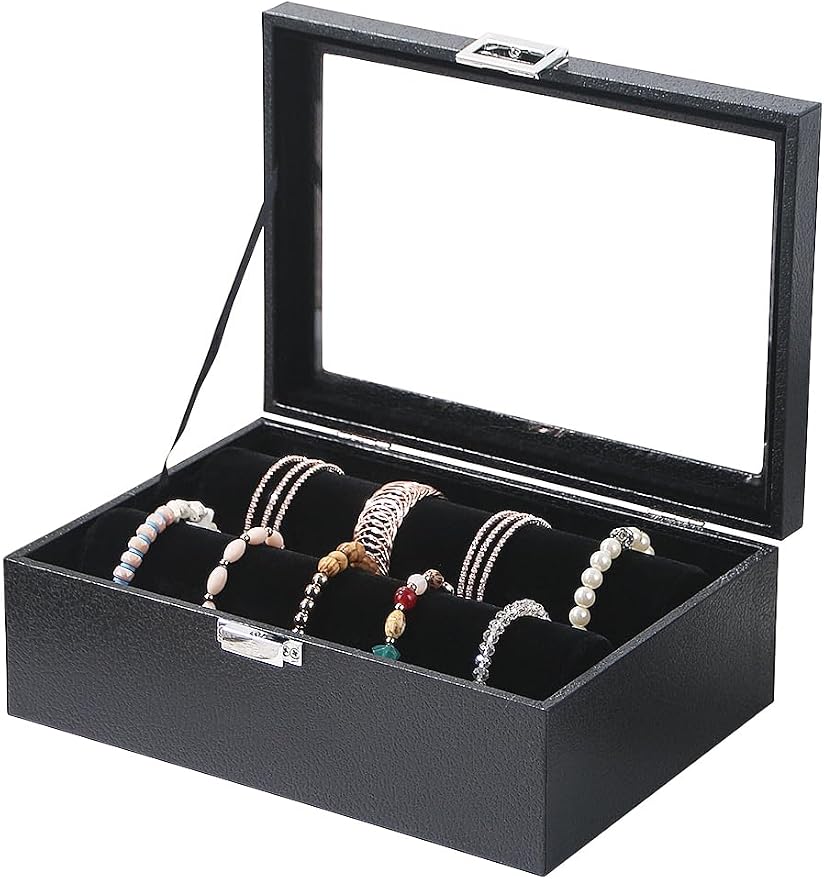 Bracelet Holder Organizer Box, Jewelry Storage Case with 2 Rods, Bangle Watch Display Tray for Women Girls (Black) by Kanwoder