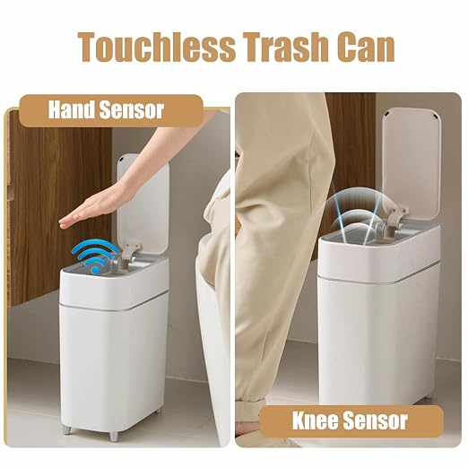 2-Pack - Bathroom Trash Can Automatic Touchless - 2 Gallon Slim Motion Sensor Garbage Can - Waste Basket for Bedroom, Laundry room, Small Spaces - Narrow Automatic Trash Bin - White with Grey Edge - Image 5