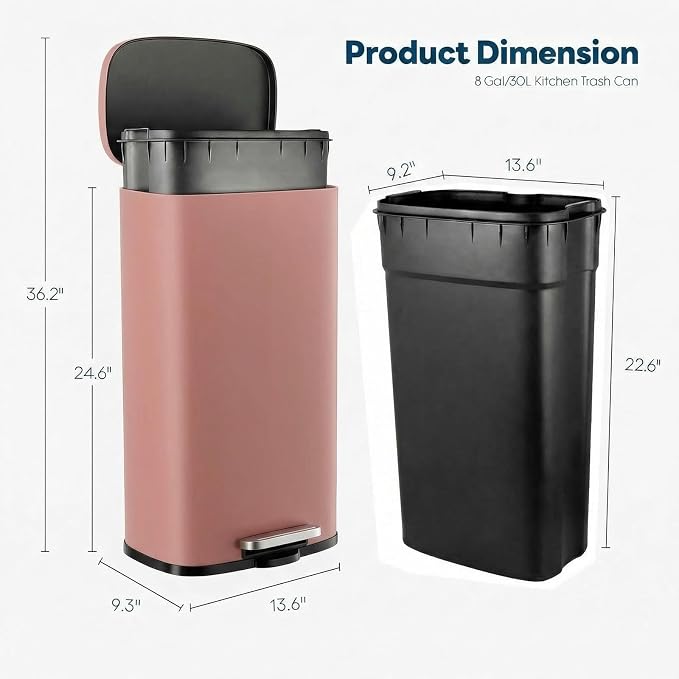 8 Gal Kitchen Trash Can, 30L Recycling or Garbage Bin, Brushed Stainless Steel Waste Basket, Soft&Quiet Close Dustbin, with Step-On Pedal, Removable Inner Bucket, for Home, Office, Living Room - Image 2