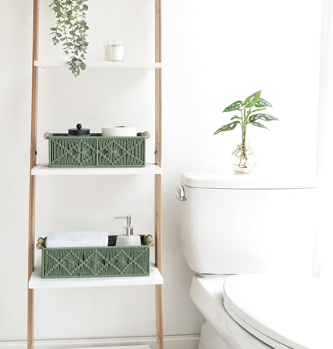 Mkono Macrame Storage Baskets Boho Decor Box Handmade Woven Decorative Countertop Toilet Tank Shelf Cabinet Organizer for Bedroom Livingroom Home, Set of 2, Green - Image 2