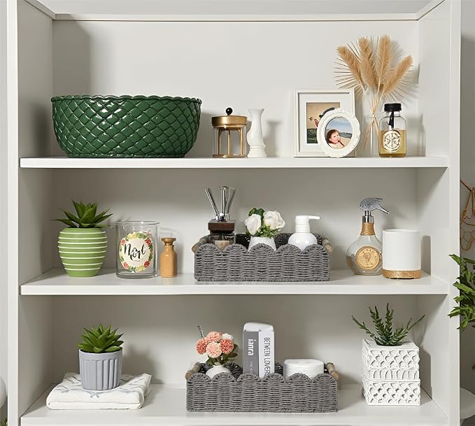 CubesLand Toilet Paper Storage Basket, Scalloped Edge Shelves Basket for Organizing for Over Toilet Tank Storage, Home Decor Baskets for Shelf, Countertop, Living Room, Bedroom, Handwoven, Grey - Image 4