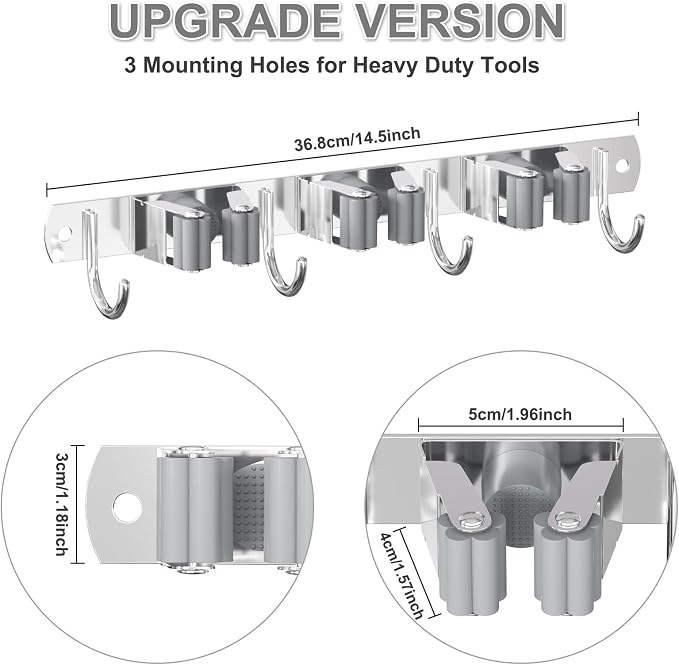 HANZENMA Broom Holder Wall Mount, Broom Organizer Wall Mount Stainless Steel Broom and Mop Hanger Heavy Duty Storage Organization for Home Kitchen Garden Garage Room 3 Racks 4 Hooks Grey - Image 2