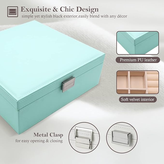 ProCase Jewelry Box for Women, 2 Layers Large Leather Jewelry Organizer Storage Case with Removable Pad for Earrings -Mint - Image 4