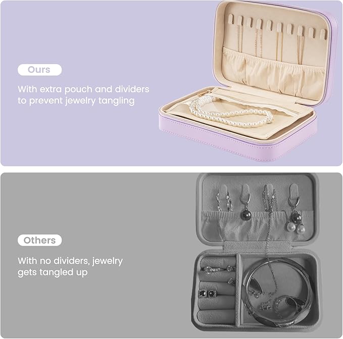 Lolalet Travel Jewelry Case for Women Girls, Travel Jewelry Organizer Box with Mirror & Clear Storage Bag, Small Portable Earring Necklace Bracelet Ring Case, Birthday Valentine Gifts -Medium, Purple - Image 3