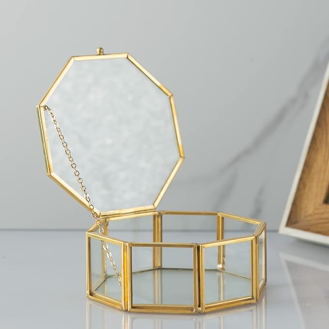 Glass Vintage Jewelry Box, Golden Geometric Jewelry Display Organizer Box Vanity Lidded Box Home Decor Accent Decorative Box for Storage Trinket Rings Bracelet - Image 4