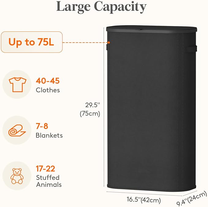 Lifewit Slim Laundry Basket with Lid, Narrow Large Laundry Hamper with Plastic Handles and Removable Bag, Tall Foldable Dirty Clothes Hampers for Laundry Room, Bedroom, Bathroom, Dorm, 75L Black - Image 3