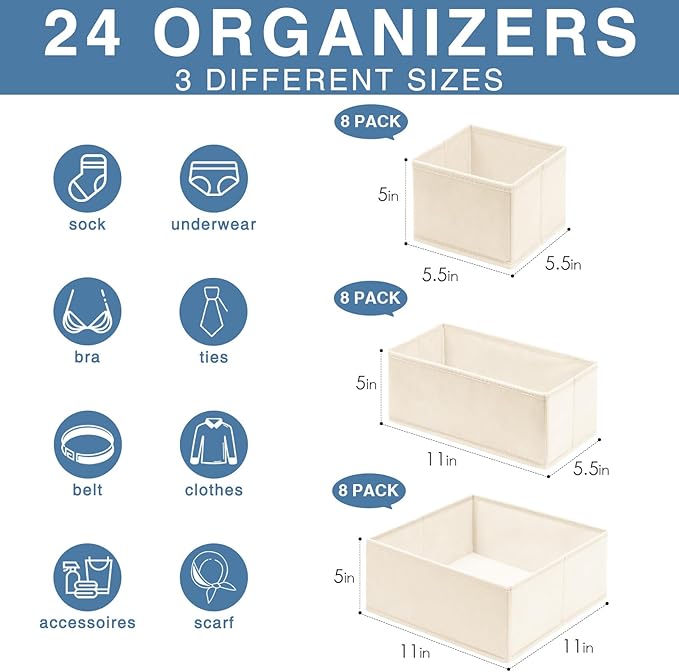 Criusia Drawer Organizer Clothes, 24 Pack Dresser Organizer Bins for Nursery Bedroom, Closet Organization and Storage Dividers for Clothing, Baby Clothes, Underwears, Socks (Beige) - Image 2