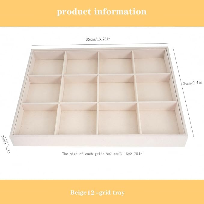 Large Velvet Jewelry Tray, Drawer Organizer for Jewelry in Dresser, Stackable Jewelry Drawer Organizer Inserts for Earring Necklace Bracelet Rings(Beige,12grid) - Image 7