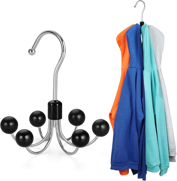 TOPIA HANGER Hoodie Hangers with 6 Wood Balls, 360°Swivel Purse Hanger, Scarf Hanger, Closet Hooks, Handbag Organizer, Bra Hanger, Accessory Organizers for Scarf, Tanktop, Hat, Hoodie CT56B by TOPIAHANGER