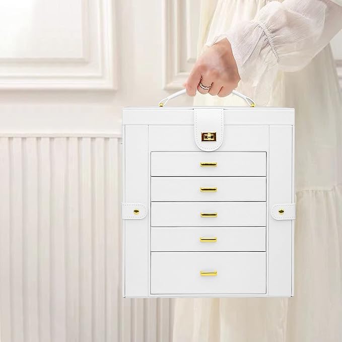 AKOZLIN Extra Large 6-Tier Jewelry Box Organizer with Mirror, 5 Drawers Leather Jewelry Storage Case for Women Girls Ring Necklace Earring Bracelet White - Image 8
