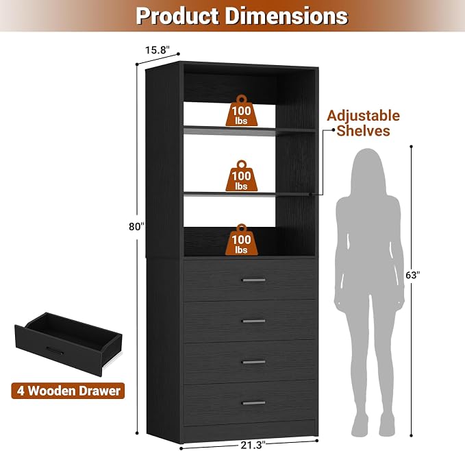 Aheaplus Closet Drawers System, 21.3" Wood Closet Organizer System with 4 Drawers, Modular Walk-in Closet System Storage Unit, Small Closets Wardrobe Rack, Tall Storage Cabinet Unit, Black - Image 2