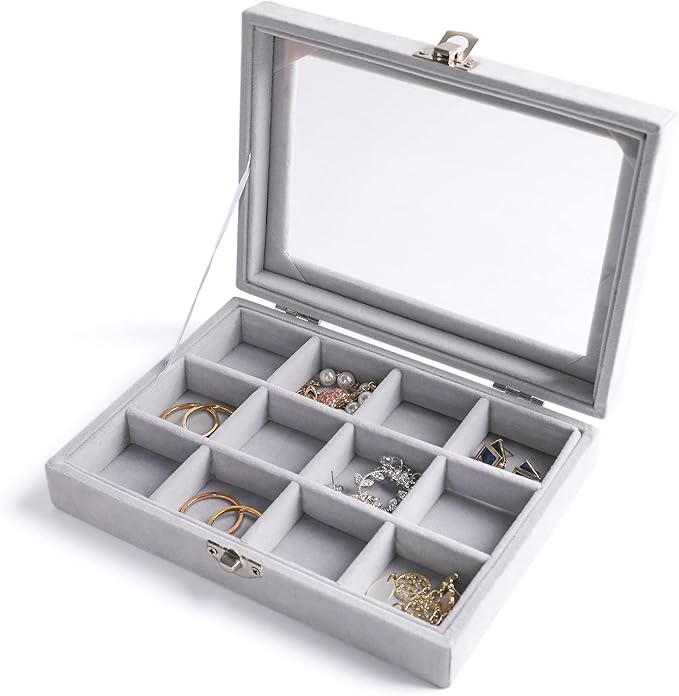 Frebeauty Jewelry Organizer Tray with Clear Lid, 12 Grid Velvet Drawer Insert Storage Box with Transparent Lid Display Case Gift for Women (Grey, 12 Grid) by Frebeauty