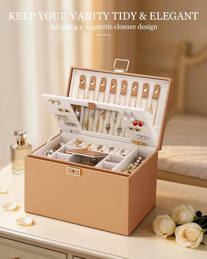 DesignSter Jewelry Box for Women Girl, 3-layer Lockable Jewelry Organizer with Mirror, Large Leather Jewelry Case for Earring Necklace Ring Bracelet Watch - Image 6