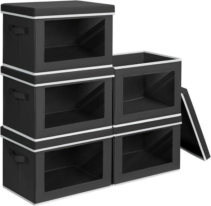 Homsorout Stackable Storage Bins with Lids - Medium Storage Box with Lids, Foldable Closet Boxes for Organizing, Wardrobe Clothes Organizer with Window, Cubes Bins for Living Room, 5 Pack, Black by Homsorout