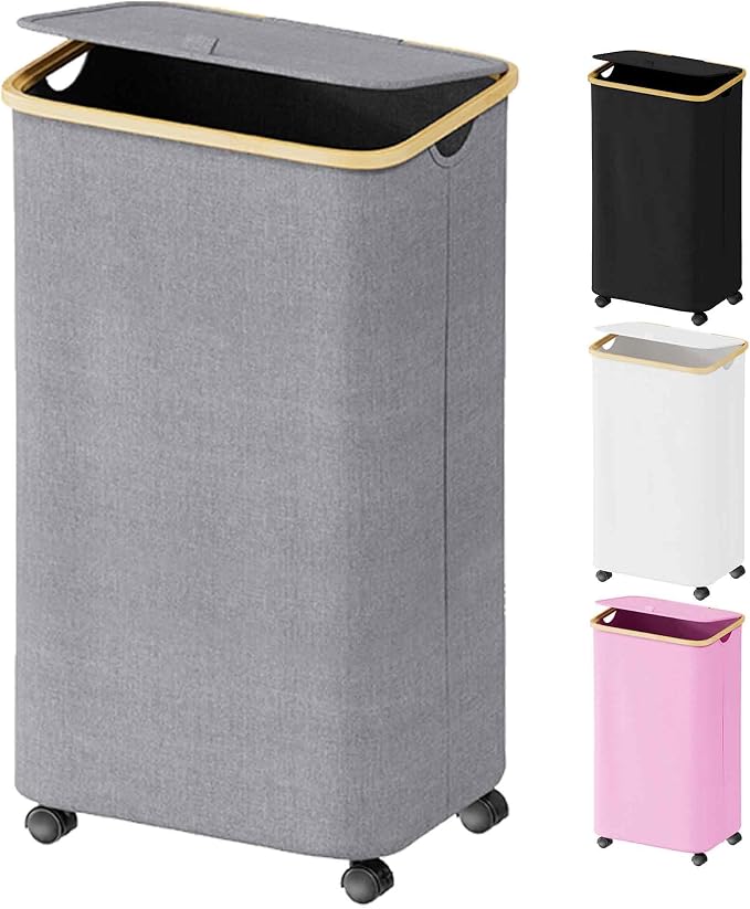 SUOCO Laundry Hamper on Wheels 100L, Clothes Basket with Lid and Bamboo Handles, Foldable Laundry Hamper for Bedroom, Bathroom, Dorm, Laundry Room - Grey by SUOCO