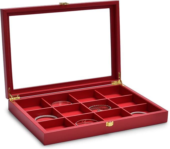 Oirlv 12 Gird Jewelry Tray with Acrylic Lid Premium Leather Jewelry Organizer Box Transparent Lid Bracelet Bangle Storage Case for Women Gift - Image 2