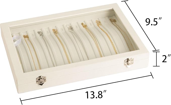 Frebeauty 15 Hooks Necklace Tray Velvet Neckalce Organizer with Clear Lid Lockable Necklace Holder Box Jewelry Organizer for Pendants Chains Necklace Jeweley Tray for Women Girls(Beige) - Image 3