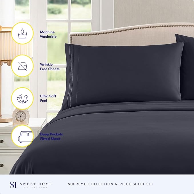 King Size Sheets - Breathable Luxury Bed Sheets with Full Elastic & Secure Corner Straps Built In - 1800 Supreme Collection Extra Soft Deep Pocket Bedding, Sheet Set, EXTRA DEEP pocket - King, Navy