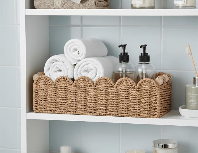 CubesLand Paper Rope Scalloped Edge Toilet Paper Storage Basket, Small Living Room, Bedroom Decor Baskets for Over Toilet Storage Shelf, End Table, Shelves and More, with 2 Wooden Handle, Neutral - Image 7