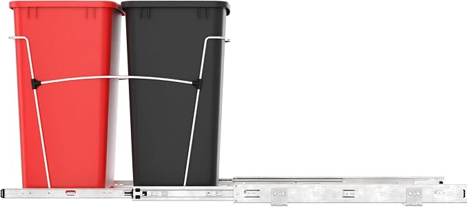 Rev-A-Shelf RV-18KD-1618C-S Double Pullout Trash Can for Kitchen Cabinets 35 Qt Garbage Recycling Bin on Full Extension Slides, Red/Black - Image 8